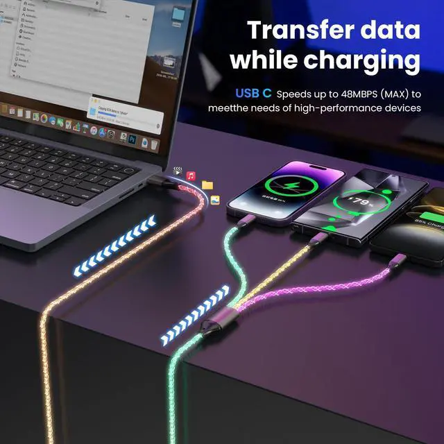 Alt view image 4 of 7 - Light Up Charging Cable 66W USB C 3 in 1 Charger Cable RGB LED Light Up Glowing Light Up Charging Cable iPhone Cord 4 FT Multi Cable with Light for iPhone 16/15/14/13/12Series/iPad Pro/Samsung/Pixel