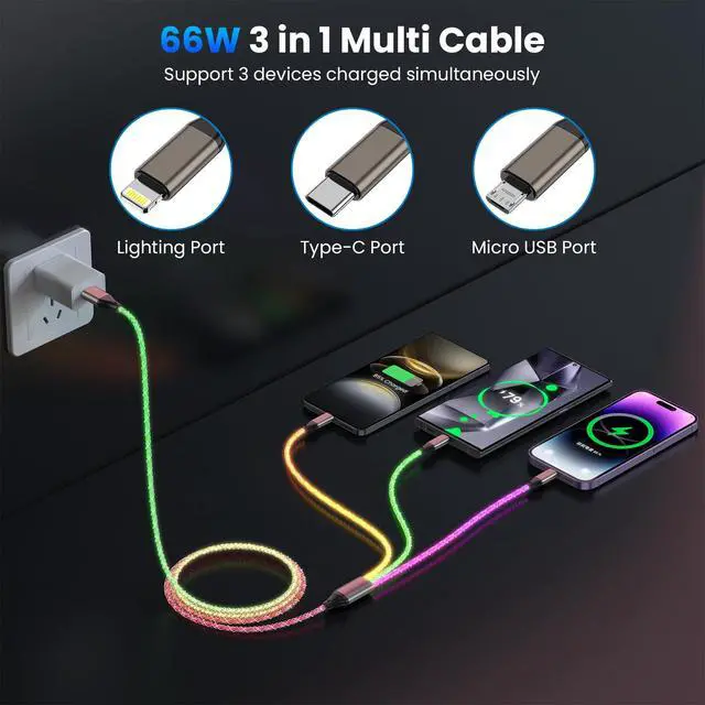 Alt view image 5 of 7 - Light Up Charging Cable 66W USB C 3 in 1 Charger Cable RGB LED Light Up Glowing Light Up Charging Cable iPhone Cord 4 FT Multi Cable with Light for iPhone 16/15/14/13/12Series/iPad Pro/Samsung/Pixel