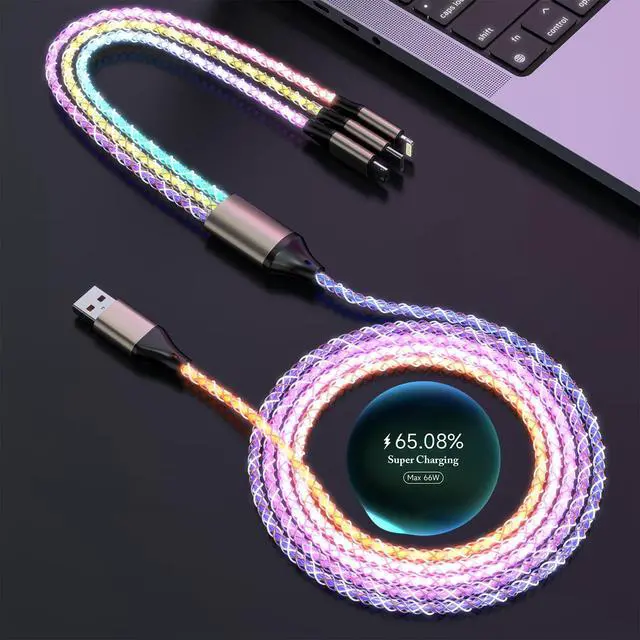 Alt view image 6 of 7 - Light Up Charging Cable 66W USB C 3 in 1 Charger Cable RGB LED Light Up Glowing Light Up Charging Cable iPhone Cord 4 FT Multi Cable with Light for iPhone 16/15/14/13/12Series/iPad Pro/Samsung/Pixel