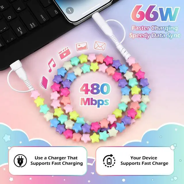 Alt view image 3 of 7 - USB C Cable 4 in 1 Multi Beaded for iPhone Charger Cord for iPhone 17 16 15 Pro Max MFi Certified 6.6FT Star Fast Charging Cable 66W USB A Type C IOS Cable for iPhone 14 13 Pro Max/iPad Colored