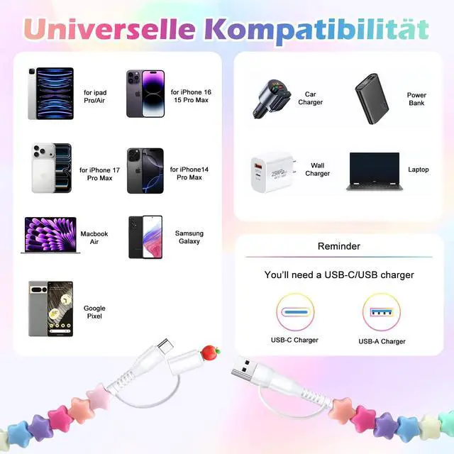 Alt view image 7 of 7 - USB C Cable 4 in 1 Multi Beaded for iPhone Charger Cord for iPhone 17 16 15 Pro Max MFi Certified 6.6FT Star Fast Charging Cable 66W USB A Type C IOS Cable for iPhone 14 13 Pro Max/iPad Colored