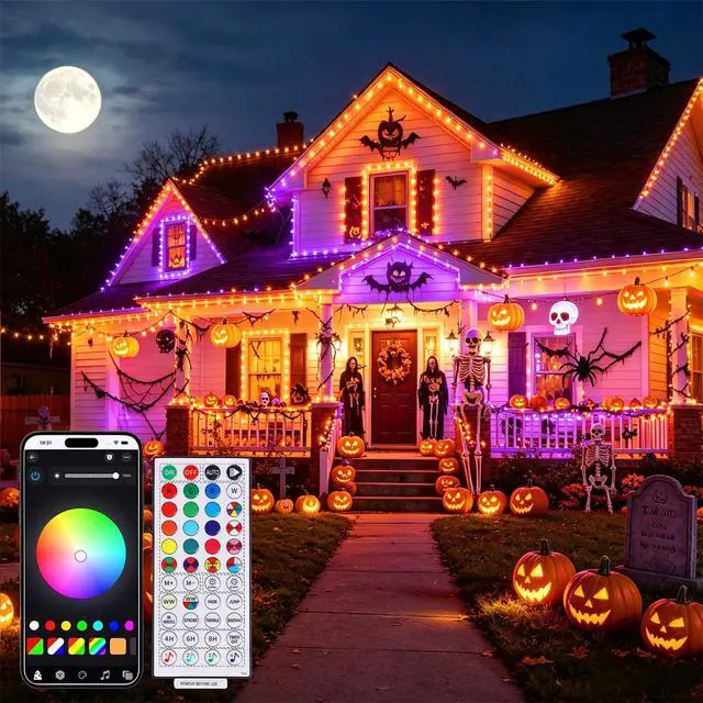 Alt view image 6 of 7 - Smart Color Changing Halloween Lights, 66FT 200 LED RGB String Lights with Remote & App Controlled, Music Sync Multiple Modes, Waterproof Indoor Outdoor Holiday Xmas Tree Party Decor