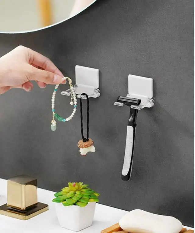 Alt view image 4 of 7 - Self-Adhesive Foldable Hook | Wall-Mounted Power Cord Organizer | Razor Holder | Multi-Purpose Hanging Hook for Kitchen & Bathroom | 4-Pack (4, White+Clear)