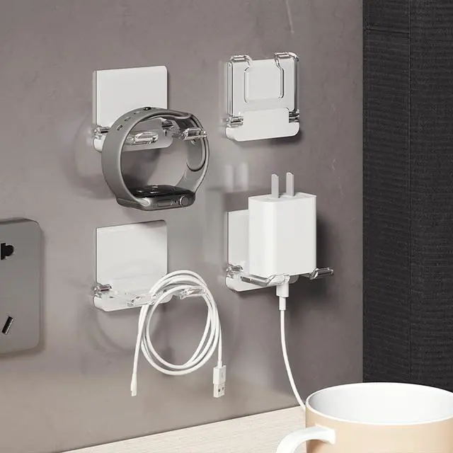 Alt view image 7 of 7 - Self-Adhesive Foldable Hook | Wall-Mounted Power Cord Organizer | Razor Holder | Multi-Purpose Hanging Hook for Kitchen & Bathroom | 4-Pack (4, White+Clear)