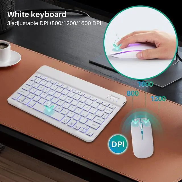 Alt view image 3 of 7 - Bluetooth Keyboard and Mouse Combo for iPad - Rechargeable Wireless Keyboard & Mouse with 7-Color Backlit Compatible with iPad 9th/8th Gen, iPad Pro/Air/Mini, iPhone14/13/12 Pro, White