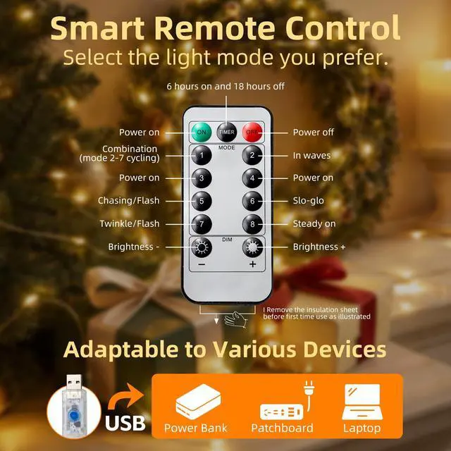 Alt view image 7 of 7 - Fairy Lights USB Plug in, 33ft 100 LED String Lights with Remote and Timer, 8 Modes Dimmable Twinkle Lights for Bedroom, Aesthetic Dorm Room Decor, Wedding, Party, Christmas, Warm White