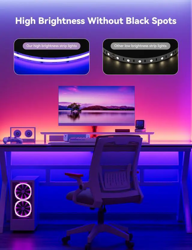 Alt view image 2 of 7 - 5V USB RGB COB LED Strip Light,9.84ft/3m Tape Lights,RF & App Control,Music Sync,Ultra Bright Color Changing Lighting,UL-Listed,Cuttable & Flexible for Bedroom,Kitchen,Desk,Party,Home Decor
