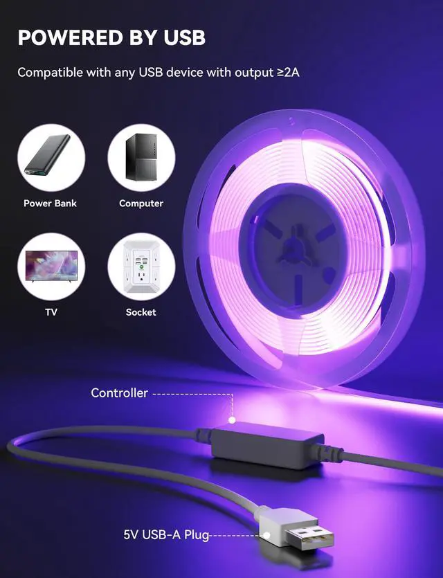 Alt view image 3 of 7 - 5V USB RGB COB LED Strip Light,9.84ft/3m Tape Lights,RF & App Control,Music Sync,Ultra Bright Color Changing Lighting,UL-Listed,Cuttable & Flexible for Bedroom,Kitchen,Desk,Party,Home Decor