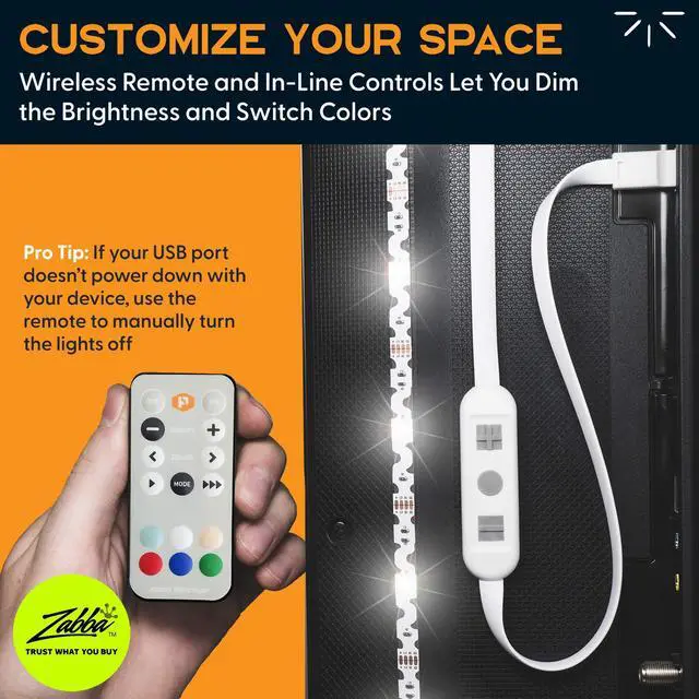 Alt view image 3 of 7 - LED Lights for TV in Living Room or Bedroom, Luminoodle Backlight, USB Powered Strips w/Remote for 15 Ambient Color Bias Lighting Options & 10 Brightness Modes, Size (60"-80" TV)