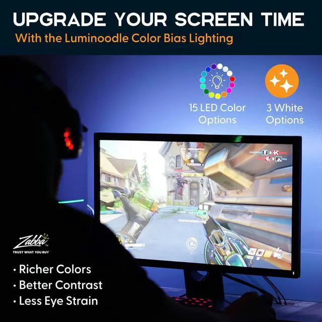 Alt view image 2 of 7 - LED Lights for TV in Living Room or Bedroom, Luminoodle Backlight, USB Powered Strips w/Remote for 15 Ambient Color Bias Lighting Options & 10 Brightness Modes, Size (60"-80" TV)