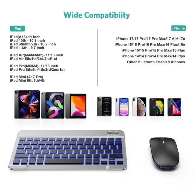 Alt view image 2 of 7 - Bluetooth Keyboard and Mouse Combo for iPad, 7-Color Backlit Rechargeable Wireless Keyboard & Mouse Compatible with iPad 9th/8th Gen, iPad Pro/Air/Mini and ipadOS 13 and Above (Space Grey)