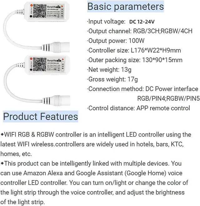Alt view image 4 of 7 - LED WiFi Controller, RGBW Led Light Strip Voice Dimmer from Alexa & Google Home, WiFi Wireless Smart Controller with Surplife App via iOS or Android Smartphone DC12-24V (Rgbw)