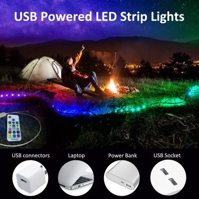 Alt view image 3 of 7 - LED Strips Lights USB Powered Rainbow Chasing RGB LED Lights Strip LED TV Backlight Strip with 17-Key RF Remote Color Changing Strip Lights Waterproof IP65 LED Rope Lights LED Lights 2M 6.54FT