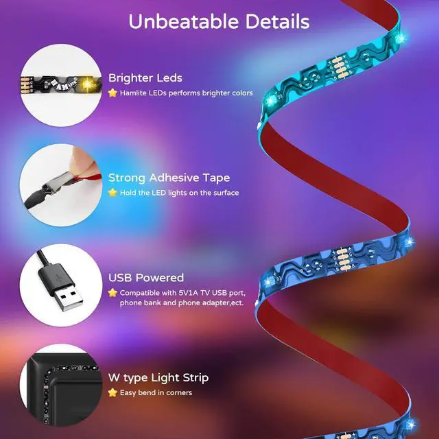 Alt view image 2 of 7 - TV Backlight 55 inch, 11.5Ft Led Strip Lights USB Powered with Remote -Curve Design Sync on/Off with TV, Changing LED Background Bias Lighting for Living Room Decor, Gaming Decor