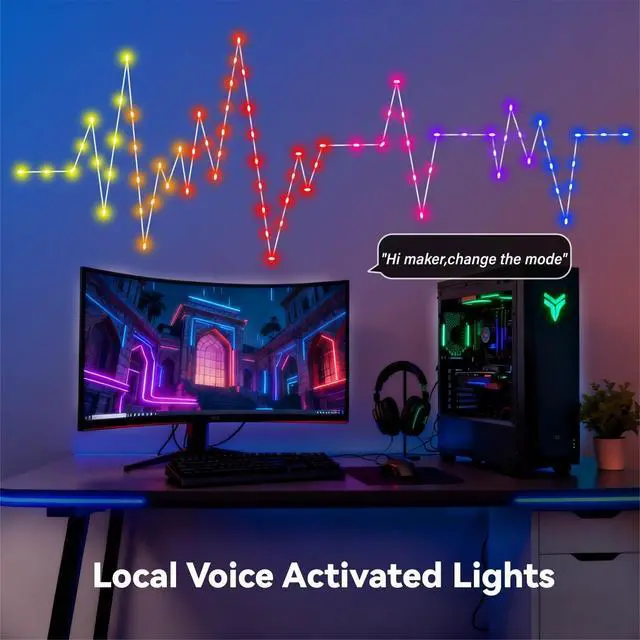 Alt view image 6 of 7 - AI Smart Color Changing Fairy Lights, 32.8ft RGB+IC Offline Voice Control Light Twinkle No App/No WiFi Required,Dimmable Xmas Music Sync Lights for Kids Bedroom, Party, 7 Colors & 13 Lighting Modes