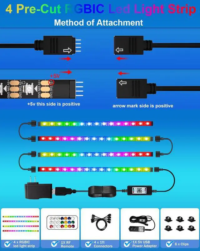 Alt view image 6 of 7 - 4 Pre-Cut RGB LED Strip Lights with App Remote Control, 5V USB