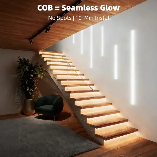 Alt view image 2 of 6 - COB LED Strip Light with Remote, 16.4ft, 3000K Dimmable, Warm White LED Lights for Mirror, Under Bed, Stair, Cabinet, TV Backlight, Cuttable LED Light Strip