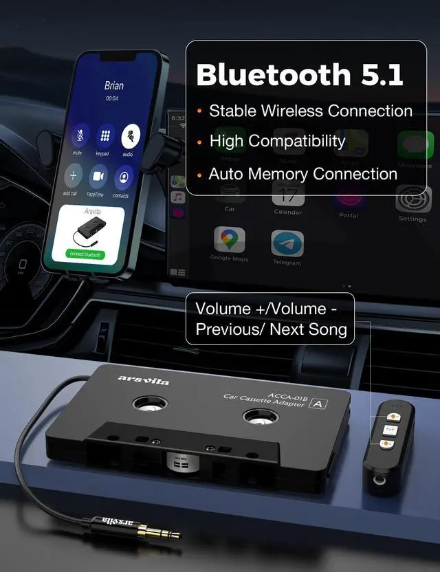 Alt view image 3 of 7 - Car Audio Cassette to Aux Adapter, 5.1 Bluetooth Receiver Kit for Cassette to Aux, Bluetooth Receiver Compatible with 3.5 MM Auxillary Cable Tape, Black, Type BCAK04