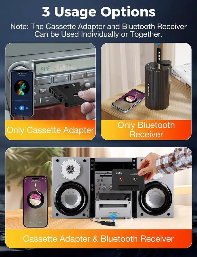 Alt view image 5 of 7 - Car Audio Cassette to Aux Adapter, 5.1 Bluetooth Receiver Kit for Cassette to Aux, Bluetooth Receiver Compatible with 3.5 MM Auxillary Cable Tape, Black, Type BCAK04