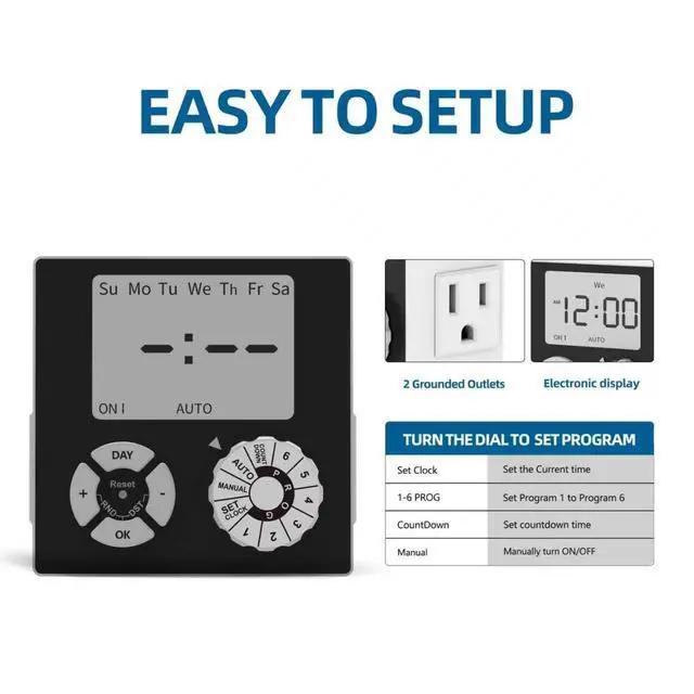 Alt view image 3 of 7 - Indoor Mechanical Outlet Timer, 3 Prong Timers for Electrical Outlets, 24-Hour Programmable Plug in Light Timer, ETL Listed (Digital, 1 Pack)
