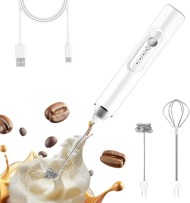 Main image of Milk Frother Hand Mixer, Rechargeable Electric Whisk, Cordless Handheld Foam Stirrer with 2 Heads 3 Speeds, For Latte, Cappuccino, Hot Chocolate, Egg, Protein Powder (White)