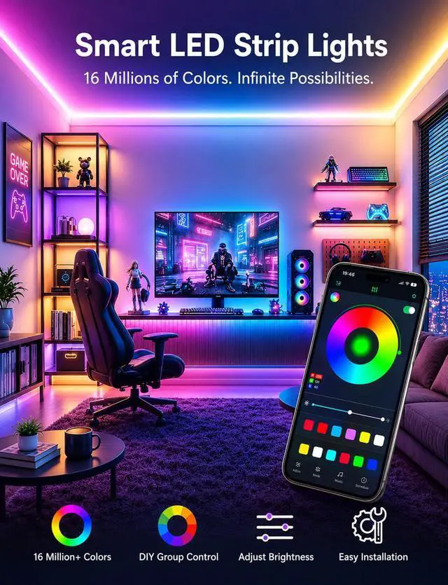 Alt view image 7 of 7 - 100FT Strip Lights, Smart IC RGB LED Lights Multiple Colors on One Line, App+Remote Control, Timing, Multimodal, Music Sync, Color Changing Lights for Bedroom, Party Home Decor, (2 x 50ft)