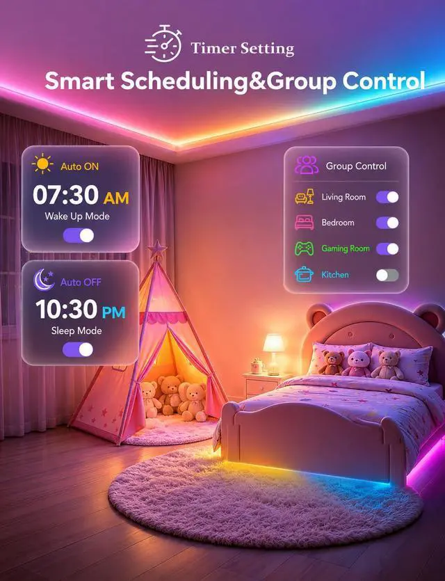 Alt view image 6 of 7 - 100FT Strip Lights, Smart IC RGB LED Lights Multiple Colors on One Line, App+Remote Control, Timing, Multimodal, Music Sync, Color Changing Lights for Bedroom, Party Home Decor, (2 x 50ft)