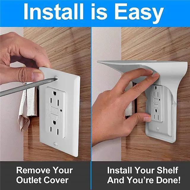 Alt view image 5 of 7 - 2 Pack Single Wall Outlet Shelf Home Wall Shelf Organizer for Outlets,No-Drill Wall Outlet Shelf,Perfect for Bathroom Kitchen Bedroom with Cord Management and Easy Installation. (White)
