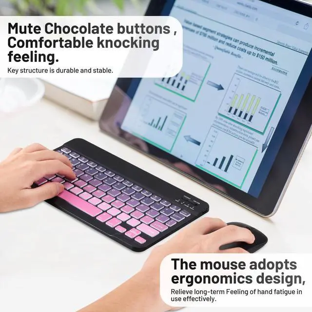 Alt view image 3 of 7 - Bluetooth Keyboard and Mouse Combo Rechargeable Portable Wireless Keyboard Mouse Set for Apple iPad iPhone iOS 13 and Above Samsung Tablet Phone Smartphone Android Windows (Gradient Black Pink)