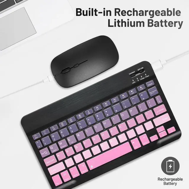 Alt view image 4 of 7 - Bluetooth Keyboard and Mouse Combo Rechargeable Portable Wireless Keyboard Mouse Set for Apple iPad iPhone iOS 13 and Above Samsung Tablet Phone Smartphone Android Windows (Gradient Black Pink)
