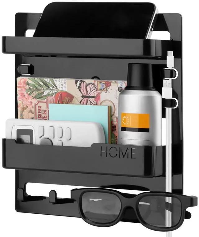 Main image of Bedside Shelf Wall Mount & Wall Nightstand for Bedroom,9 * 9.45inch Adhesive Nightstand Wallshelf with 5 Hooks,Wall Mount Shelf for Charging Station and Remote Control Holder(Black)
