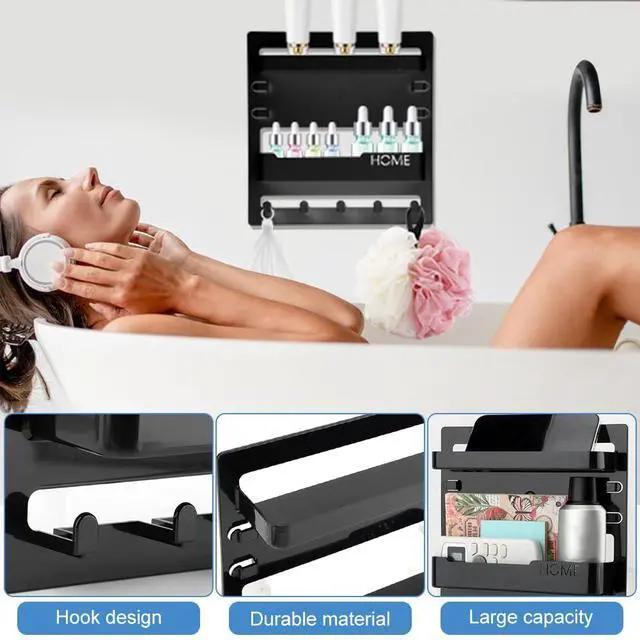 Alt view image 3 of 7 - Bedside Shelf Wall Mount & Wall Nightstand for Bedroom,9 * 9.45inch Adhesive Nightstand Wallshelf with 5 Hooks,Wall Mount Shelf for Charging Station and Remote Control Holder(Black)