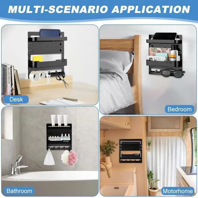 Alt view image 6 of 7 - Bedside Shelf Wall Mount & Wall Nightstand for Bedroom,9 * 9.45inch Adhesive Nightstand Wallshelf with 5 Hooks,Wall Mount Shelf for Charging Station and Remote Control Holder(Black)