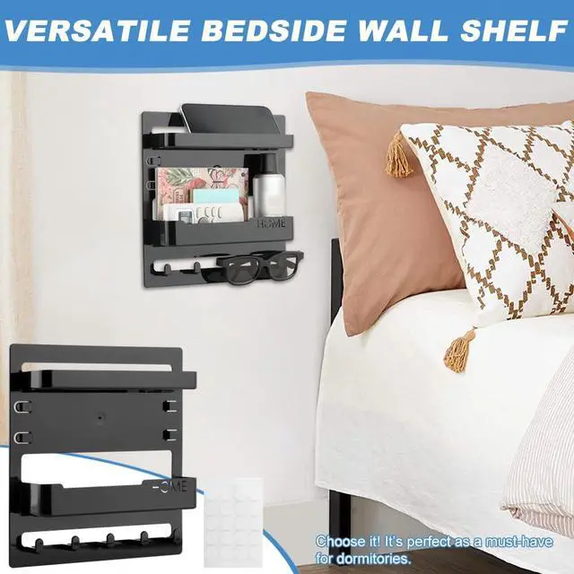 Alt view image 4 of 7 - Bedside Shelf Wall Mount & Wall Nightstand for Bedroom,9 * 9.45inch Adhesive Nightstand Wallshelf with 5 Hooks,Wall Mount Shelf for Charging Station and Remote Control Holder(Black)