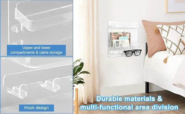 Alt view image 7 of 7 - Bedside Shelf Wall Mount & Wall Nightstand for Bedroom,9 * 9.45inch Adhesive Nightstand Wallshelf with 5 Hooks,Wall Mount Shelf for Charging Station and Remote Control Holder(Black)
