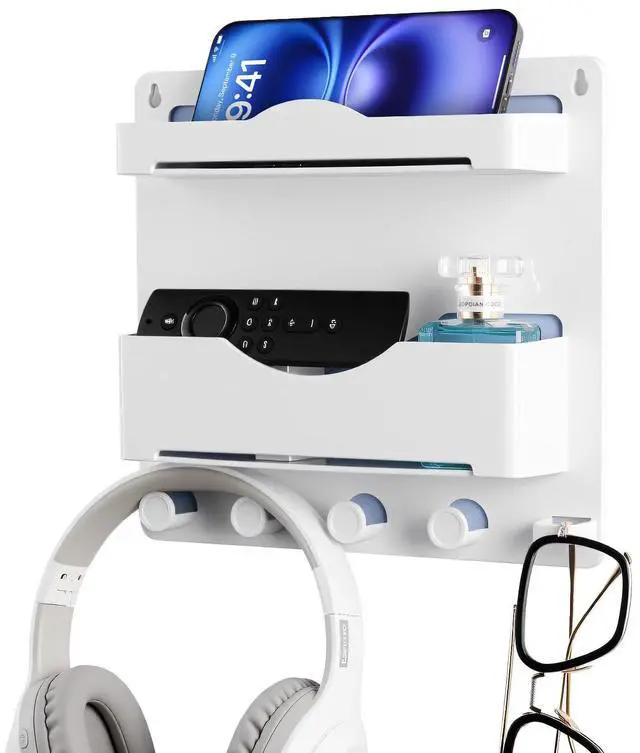 Main image of Bedside Wall Shelf with Glasses Hooks, Adhesive Bedside Organizer Wall Mount for Dorm and Room Accessories PhoneRemoteEarphone Kindle (White)