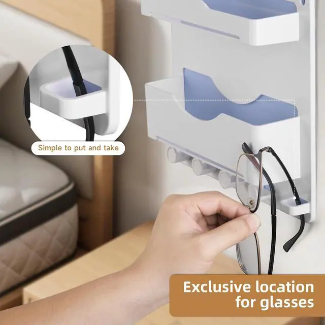 Alt view image 2 of 7 - Bedside Wall Shelf with Glasses Hooks, Adhesive Bedside Organizer Wall Mount for Dorm and Room Accessories PhoneRemoteEarphone Kindle (White)