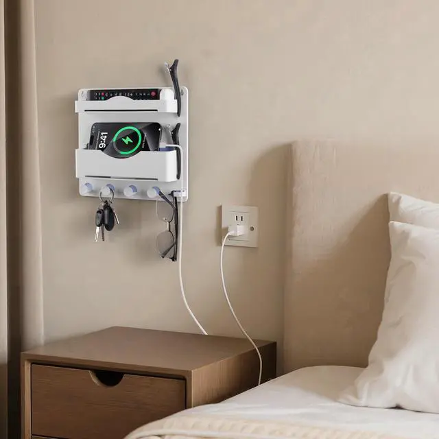 Alt view image 4 of 7 - Bedside Wall Shelf with Glasses Hooks, Adhesive Bedside Organizer Wall Mount for Dorm and Room Accessories PhoneRemoteEarphone Kindle (White)