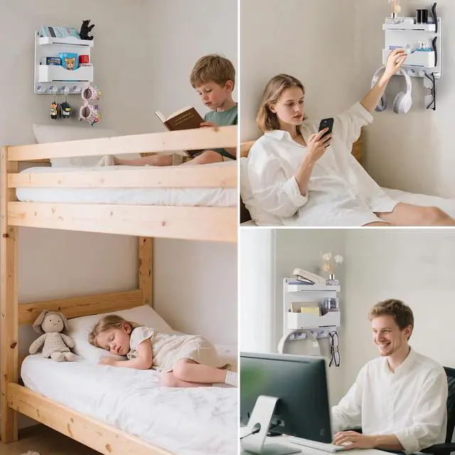Alt view image 7 of 7 - Bedside Wall Shelf with Glasses Hooks, Adhesive Bedside Organizer Wall Mount for Dorm and Room Accessories PhoneRemoteEarphone Kindle (White)