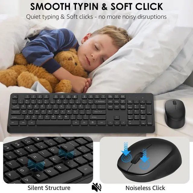Alt view image 4 of 7 - BKA BYA Wireless Keyboard and Mouse Combo,Full Size Quiet Bluetooth Keyboard and Mouse, 2.4GHz USB Receiver, Cordless Silent Keyboard and Mouse for PC, Windows, MAC, Laptop, Black