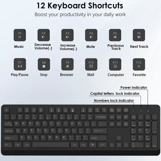 Alt view image 5 of 7 - BKA BYA Wireless Keyboard and Mouse Combo,Full Size Quiet Bluetooth Keyboard and Mouse, 2.4GHz USB Receiver, Cordless Silent Keyboard and Mouse for PC, Windows, MAC, Laptop, Black