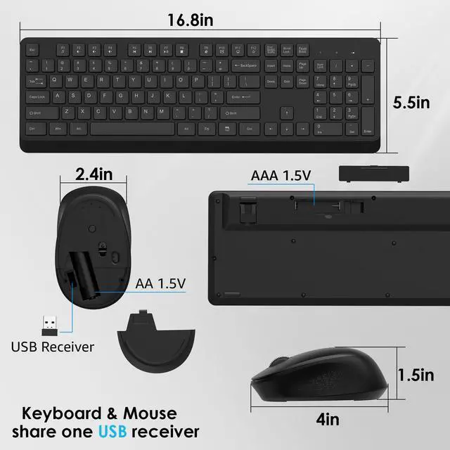 Alt view image 7 of 7 - BKA BYA Wireless Keyboard and Mouse Combo,Full Size Quiet Bluetooth Keyboard and Mouse, 2.4GHz USB Receiver, Cordless Silent Keyboard and Mouse for PC, Windows, MAC, Laptop, Black
