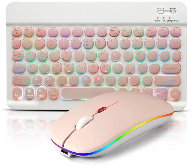 Main image of Bluetooth Keyboard and Mouse Combo for iPad - Rechargeable Wireless Keyboard & Mouse with 7-Color Backlit Compatible with iPad 9th/8th Gen, iPad Pro/Air/Mini, iPhone14/13/12 Pro, Round Keys Pink