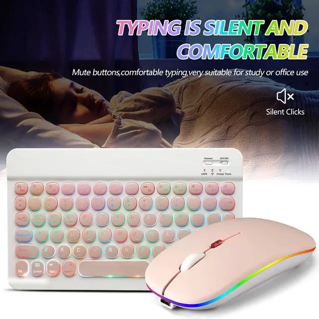 Alt view image 2 of 7 - Bluetooth Keyboard and Mouse Combo for iPad - Rechargeable Wireless Keyboard & Mouse with 7-Color Backlit Compatible with iPad 9th/8th Gen, iPad Pro/Air/Mini, iPhone14/13/12 Pro, Round Keys Pink