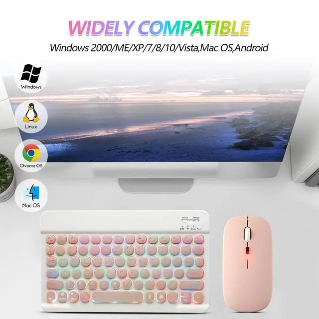Alt view image 3 of 7 - Bluetooth Keyboard and Mouse Combo for iPad - Rechargeable Wireless Keyboard & Mouse with 7-Color Backlit Compatible with iPad 9th/8th Gen, iPad Pro/Air/Mini, iPhone14/13/12 Pro, Round Keys Pink