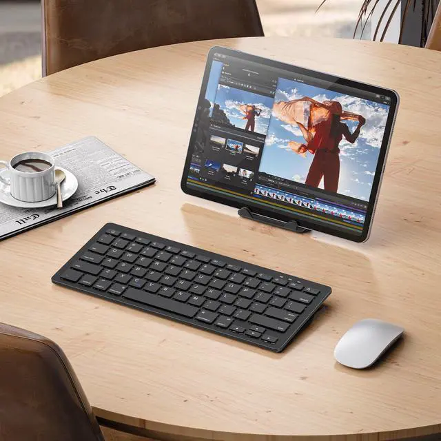 Alt view image 2 of 7 - Rechargeable Compact Bluetooth Keyboard for iPad, Adjustable Stand, Key Stickers, Slim Portable Wireless Keyboard for iPhone and iPad Pro/Air/Mini, Ideal for Study, Travel and Office, Black