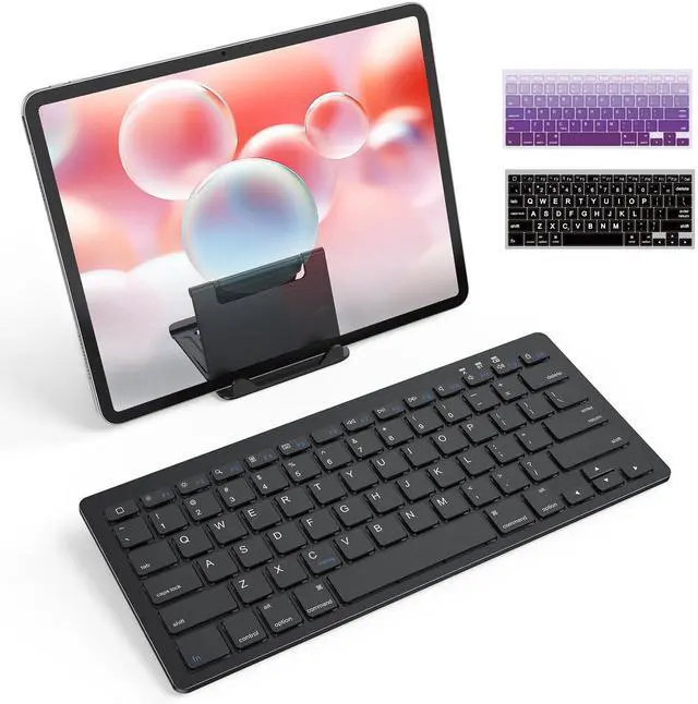 Main image of Rechargeable Compact Bluetooth Keyboard for iPad, Adjustable Stand, Key Stickers, Slim Portable Wireless Keyboard for iPhone and iPad Pro/Air/Mini, Ideal for Study, Travel and Office, Black