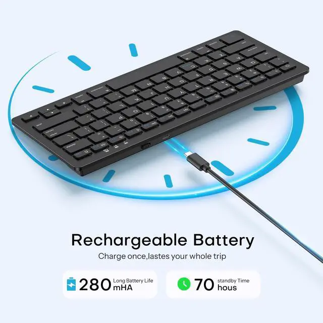 Alt view image 3 of 7 - Rechargeable Compact Bluetooth Keyboard for iPad, Adjustable Stand, Key Stickers, Slim Portable Wireless Keyboard for iPhone and iPad Pro/Air/Mini, Ideal for Study, Travel and Office, Black