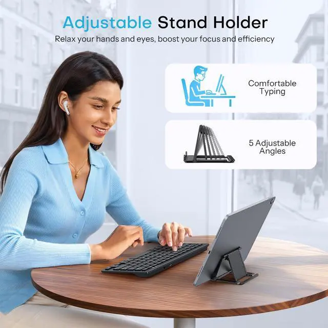 Alt view image 5 of 7 - Rechargeable Compact Bluetooth Keyboard for iPad, Adjustable Stand, Key Stickers, Slim Portable Wireless Keyboard for iPhone and iPad Pro/Air/Mini, Ideal for Study, Travel and Office, Black