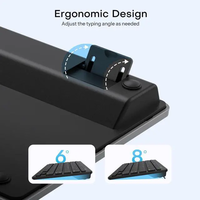 Alt view image 4 of 7 - Rechargeable Compact Bluetooth Keyboard for iPad, Adjustable Stand, Key Stickers, Slim Portable Wireless Keyboard for iPhone and iPad Pro/Air/Mini, Ideal for Study, Travel and Office, Black